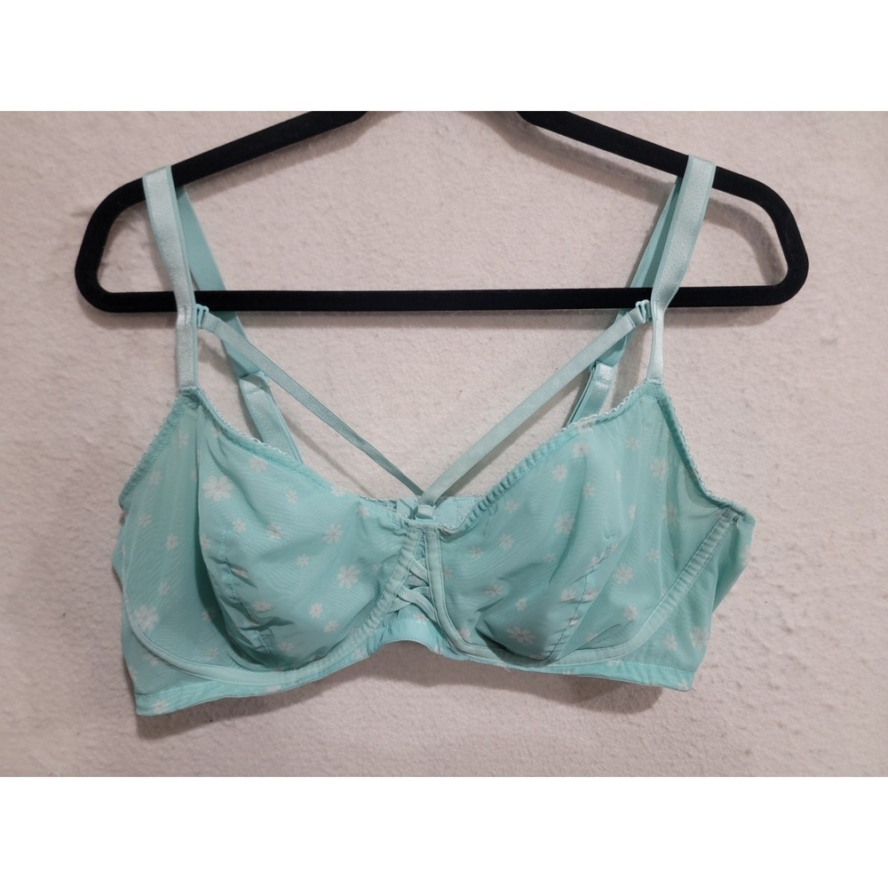 Torrid 44D Unlined Balconette Bra Aqua Blue Daisy Print Strappy Mesh Underwire